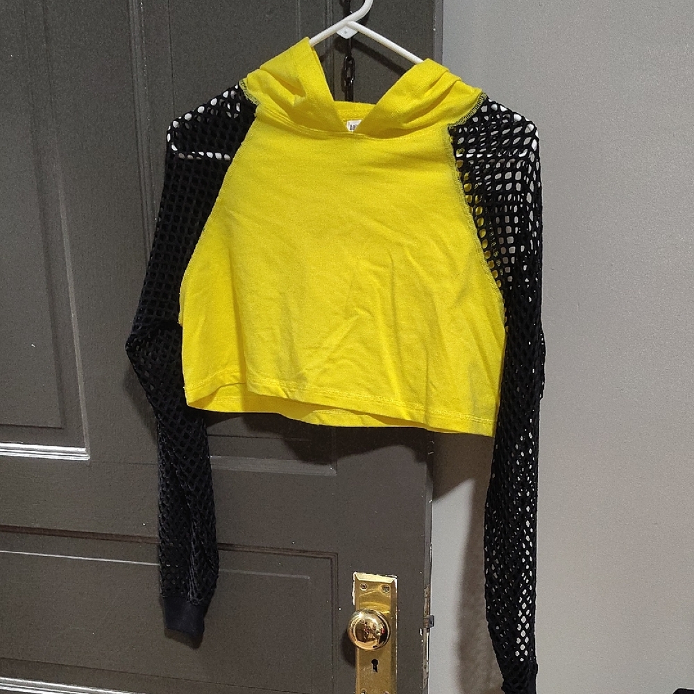 balera Yellow Cropped Hoodie with Black Mesh Sleeves
